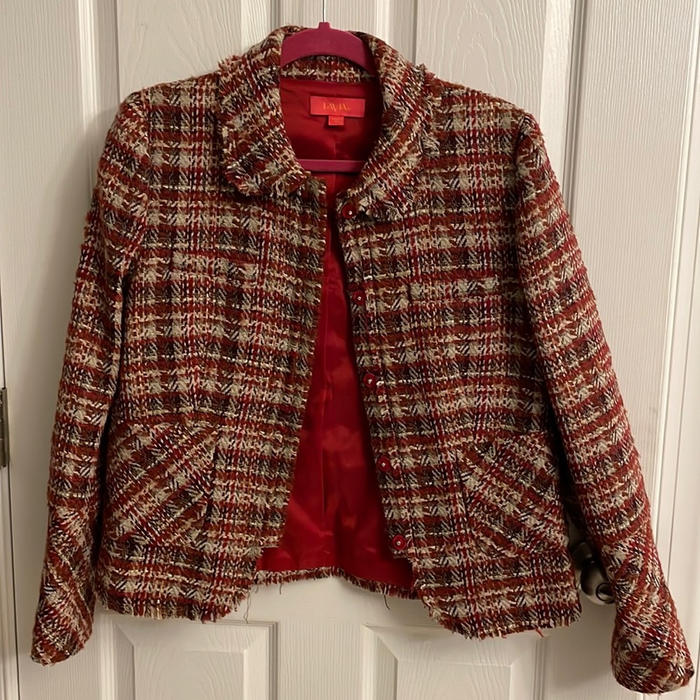 LaVia by Piazza Sempioni fringe tweed jacket burgundy brown patch pockets EUC
